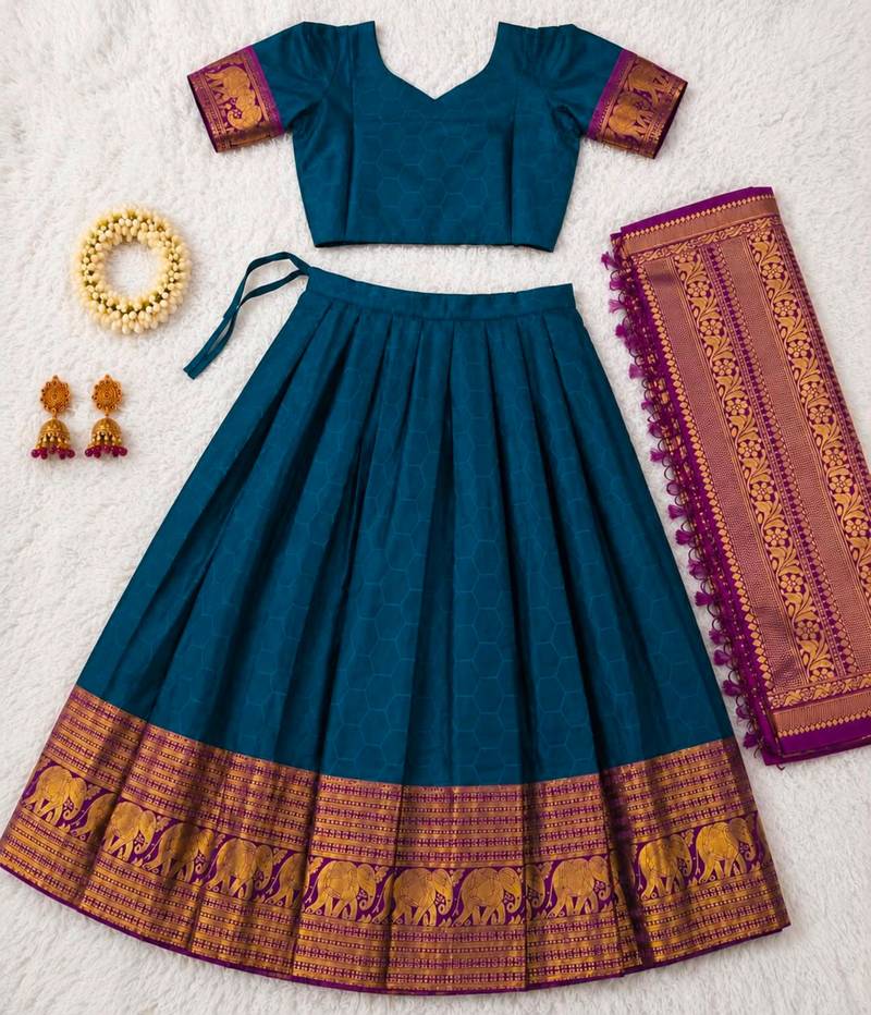 teal blue silk blend woven traditional lehenga-choli