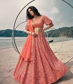 peach net embroidered traditional lehenga-choli