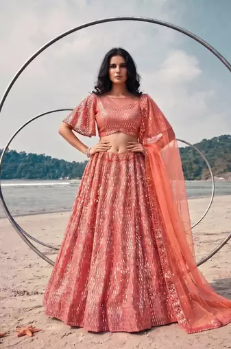 peach net embroidered traditional lehenga-choli