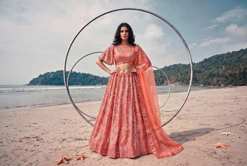 peach net embroidered traditional lehenga-choli