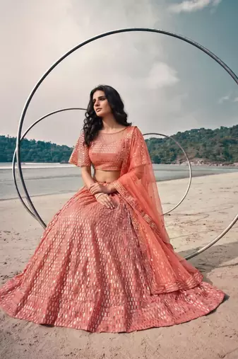peach net embroidered traditional lehenga-choli