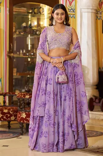 purple georgette embroidered traditional lehenga-choli with free size upto 42
