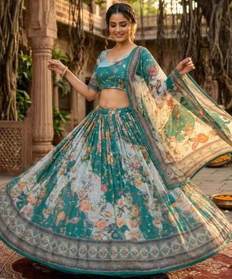 teal green silk blend printed fashion lehenga-choli 1