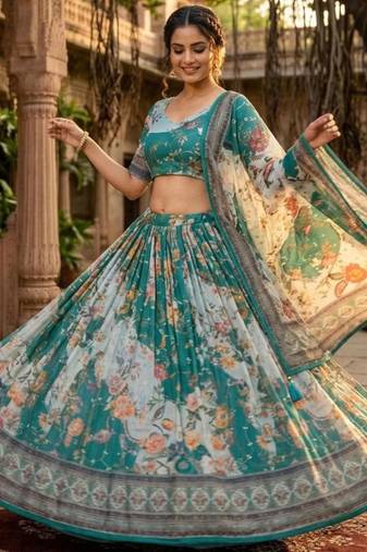 teal green silk blend printed fashion lehenga-choli
