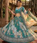 teal green silk blend printed fashion lehenga-choli