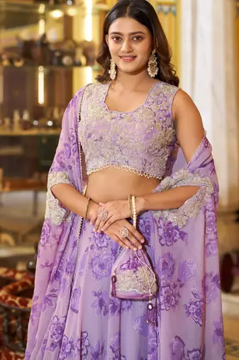 purple georgette embroidered traditional lehenga-choli with free size upto 42