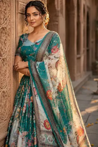 teal green silk blend printed fashion lehenga-choli