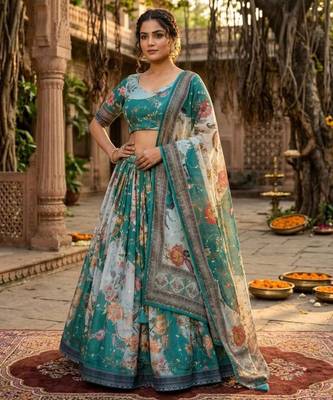 teal green silk blend printed fashion lehenga-choli 3