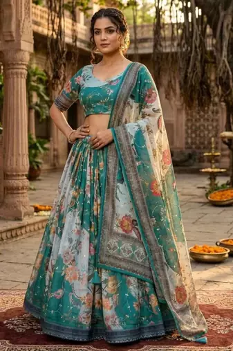 teal green silk blend printed fashion lehenga-choli