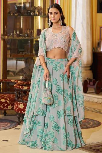 grey georgette embroidered traditional lehenga-choli with free size upto 42