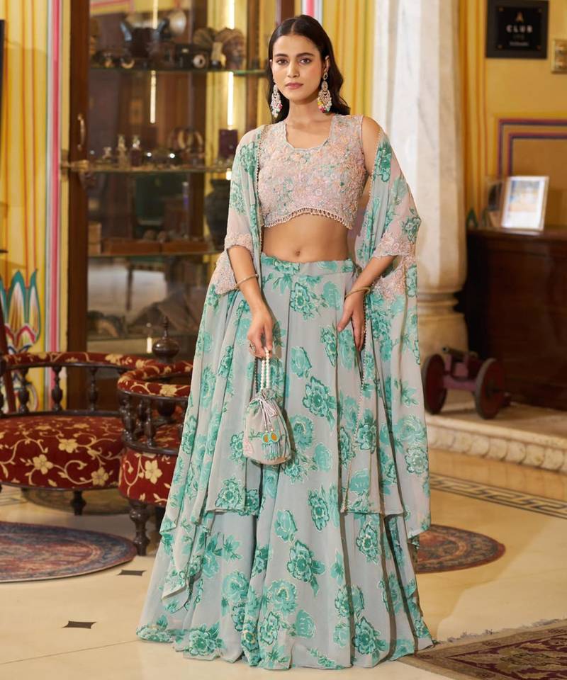 grey georgette embroidered traditional lehenga-choli