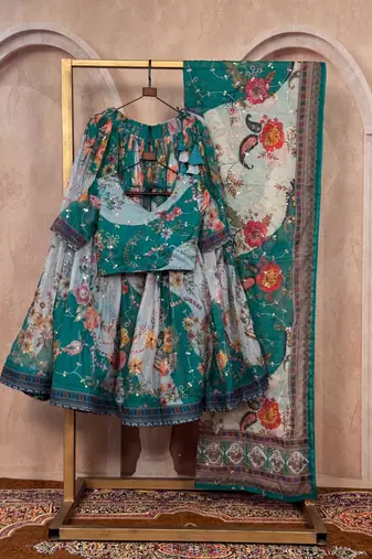 teal green silk blend printed fashion lehenga-choli