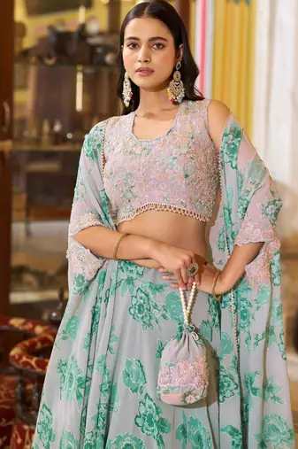 grey georgette embroidered traditional lehenga-choli