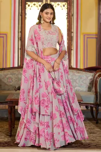 pink georgette embroidered traditional lehenga-choli with free size upto 42
