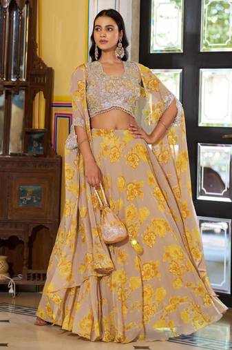 yellow georgette embroidered traditional lehenga-choli with free size upto 42