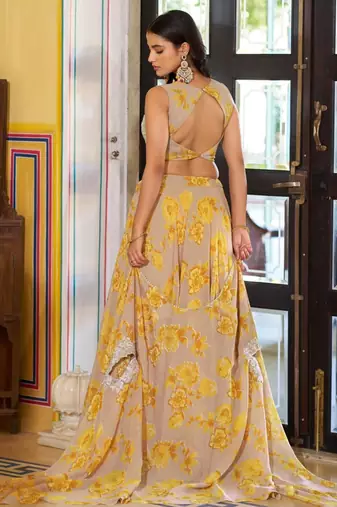 yellow georgette embroidered traditional lehenga-choli with free size upto 42