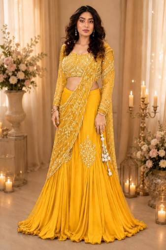 yellow silk blend embroidered traditional lehenga-choli with free size upto 44