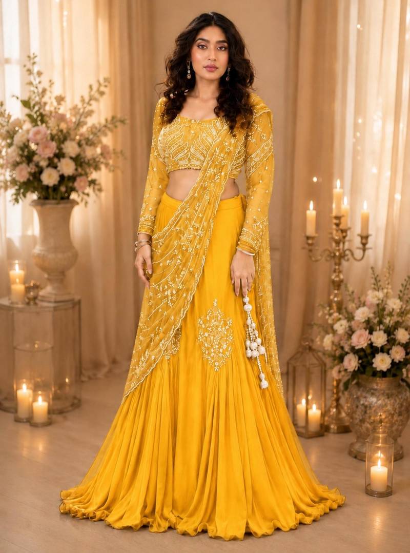 yellow silk blend embroidered traditional lehenga-choli