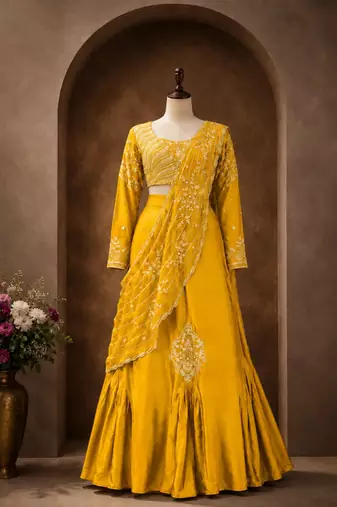 yellow silk blend embroidered traditional lehenga-choli