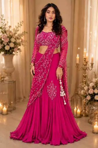 pink silk blend embroidered traditional lehenga-choli with free size upto 44