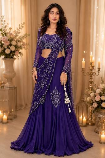purple silk blend embroidered traditional lehenga-choli with free size upto 44