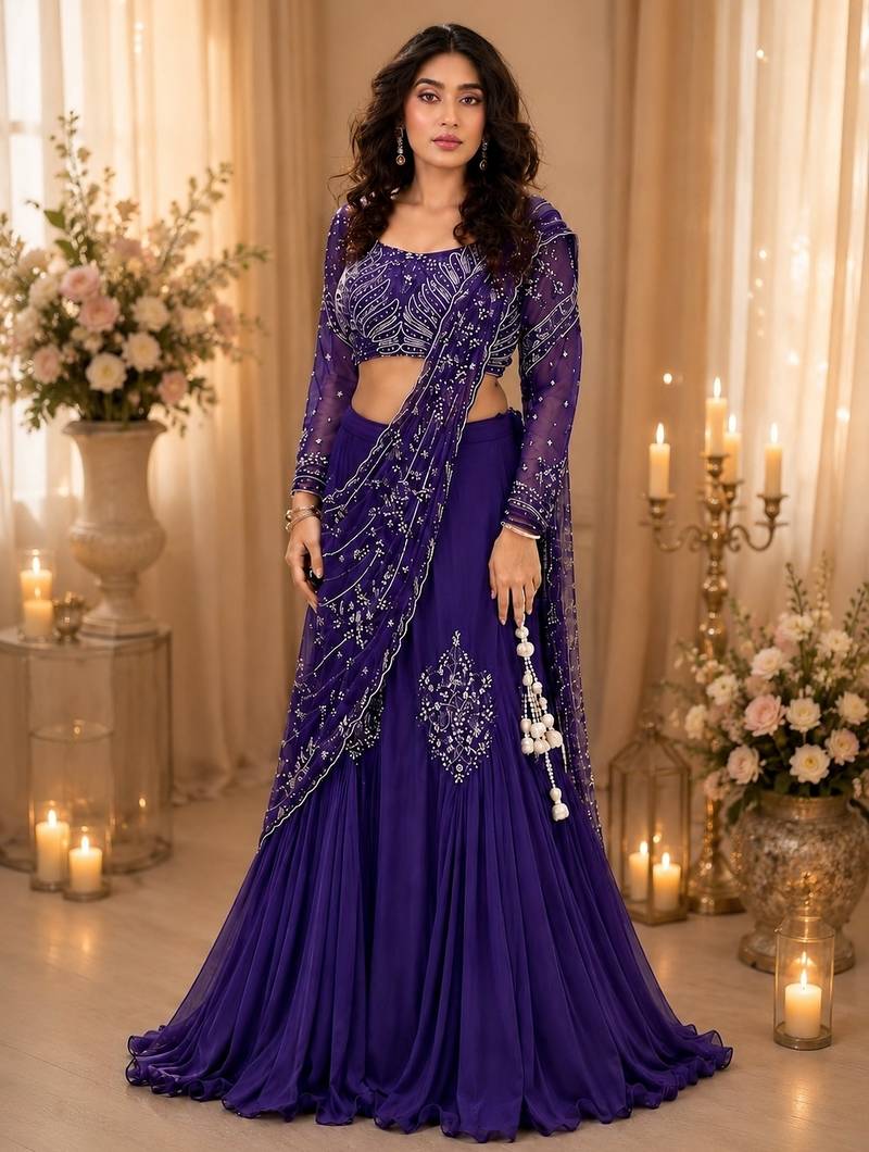 purple silk blend embroidered traditional lehenga-choli