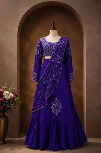 purple silk blend embroidered traditional lehenga-choli with free size upto 44