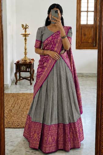 grey silk blend woven traditional lehenga-choli with free size upto 44