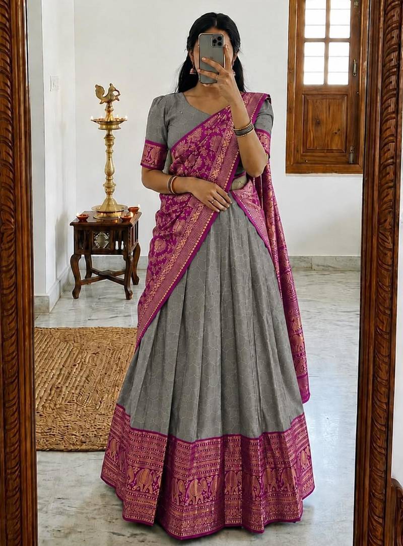 grey silk blend woven traditional lehenga-choli