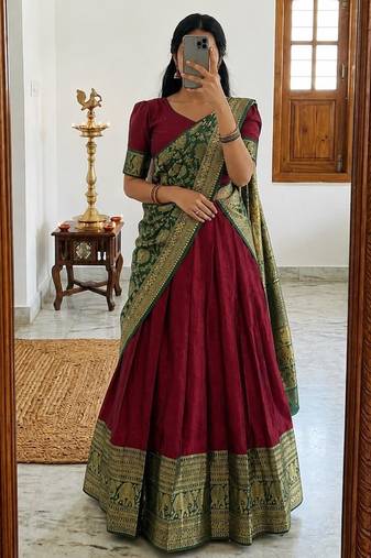 maroon silk blend woven traditional lehenga-choli with free size upto 44