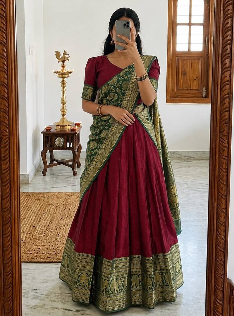 maroon silk blend woven traditional lehenga-choli