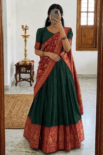 green silk blend woven traditional lehenga-choli with free size upto 44
