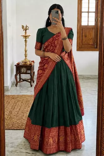 green silk blend woven traditional lehenga-choli