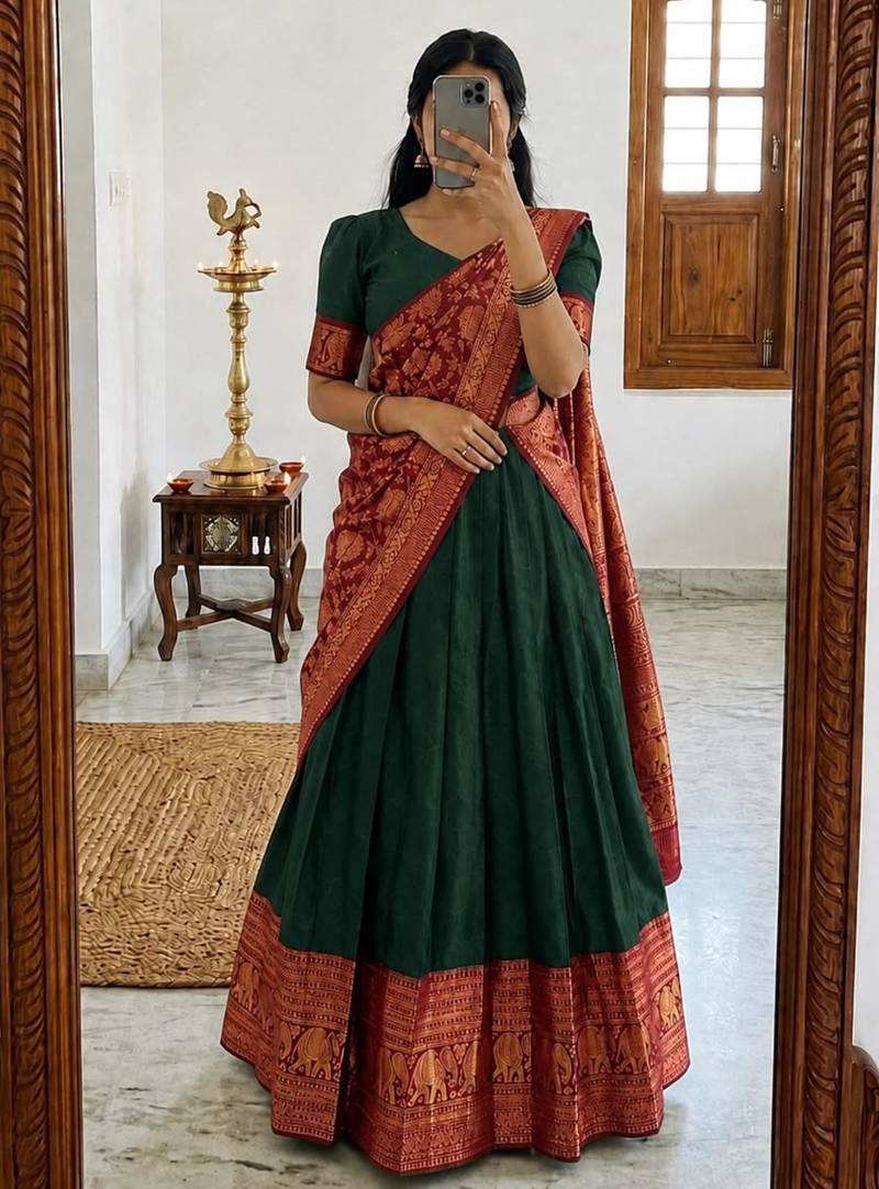 green silk blend woven traditional lehenga-choli