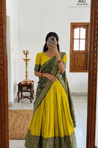 yellow silk blend woven traditional lehenga-choli with free size upto 44
