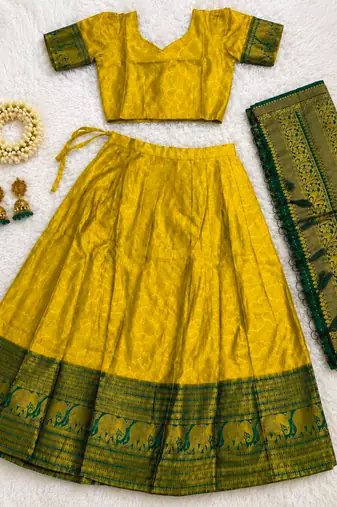 yellow silk blend woven traditional lehenga-choli with free size upto 44