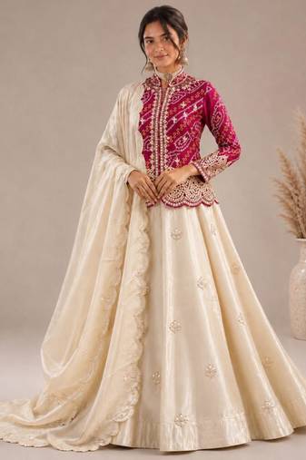 cream silk blend embroidered traditional lehenga-choli with free size upto 44