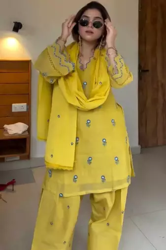 Yellow mul chanderi kurta with farshi palazzo & dupatta set