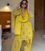 Yellow mul chanderi kurta with farshi palazzo & dupatta set