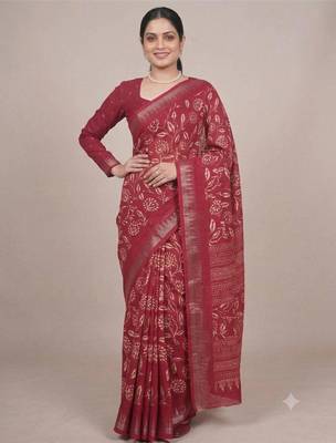 Crimson art silk printed saree with floral print 2
