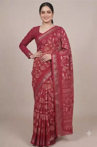 Crimson art silk printed saree with floral print