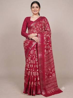 Crimson art silk printed saree with floral print 3