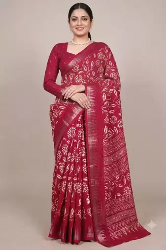 Crimson art silk printed saree with floral print