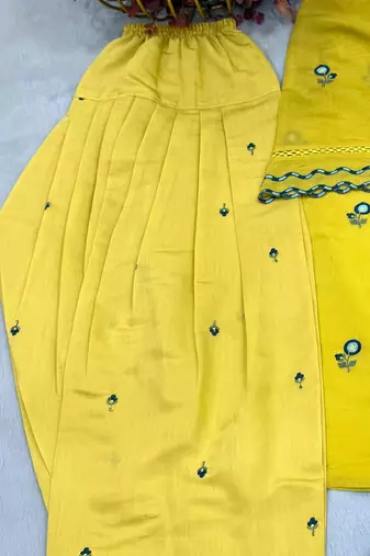 Yellow mul chanderi kurta with farshi palazzo & dupatta set