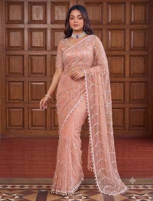 Peach net embroidered  with sequins work 2