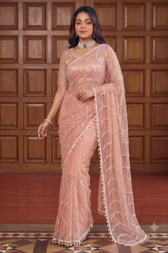 Peach net embroidered  with sequins work