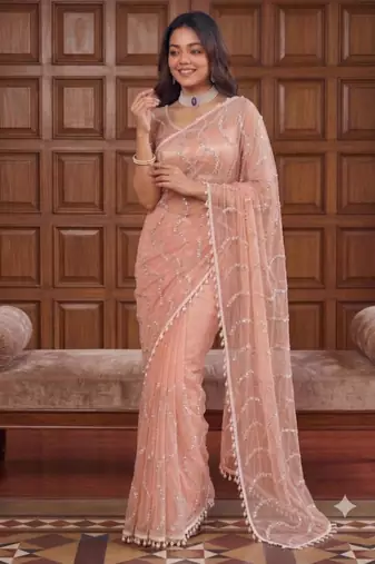 Peach net embroidered  with sequins work