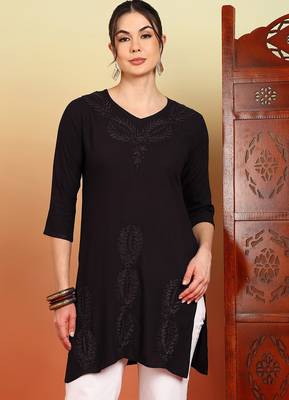 Women coffee brown ethnic motifs embroidered chikankari liva a-line short kurti 1