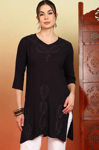Women coffee brown ethnic motifs embroidered chikankari liva a-line short kurti