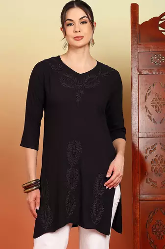 Women coffee brown ethnic motifs embroidered chikankari liva a-line short kurti